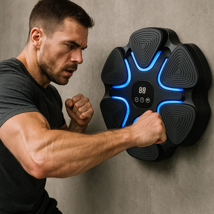 Man training with Arcticpure ReflexPulse smart reaction training device on a wall, enhancing speed and coordination.