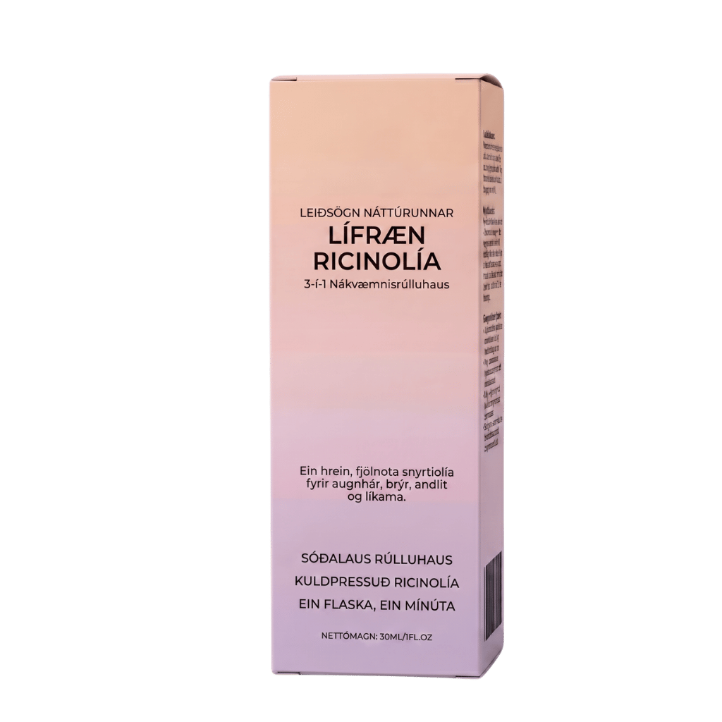 Lífræn laxerolíu roll-on in a stylish packaging designed for deep skin nourishment.