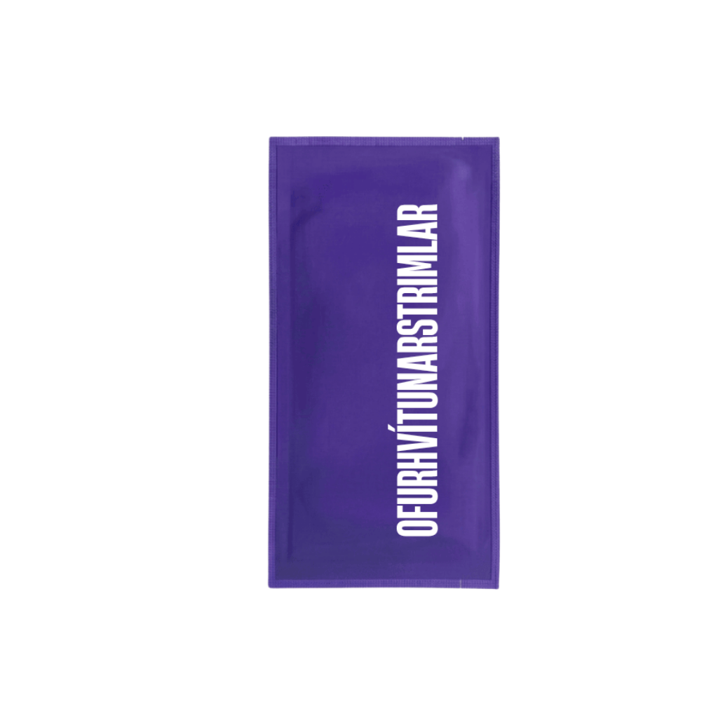 Ofurhvítunarstrimlar packaging featuring a vibrant purple design for teeth whitening strips.