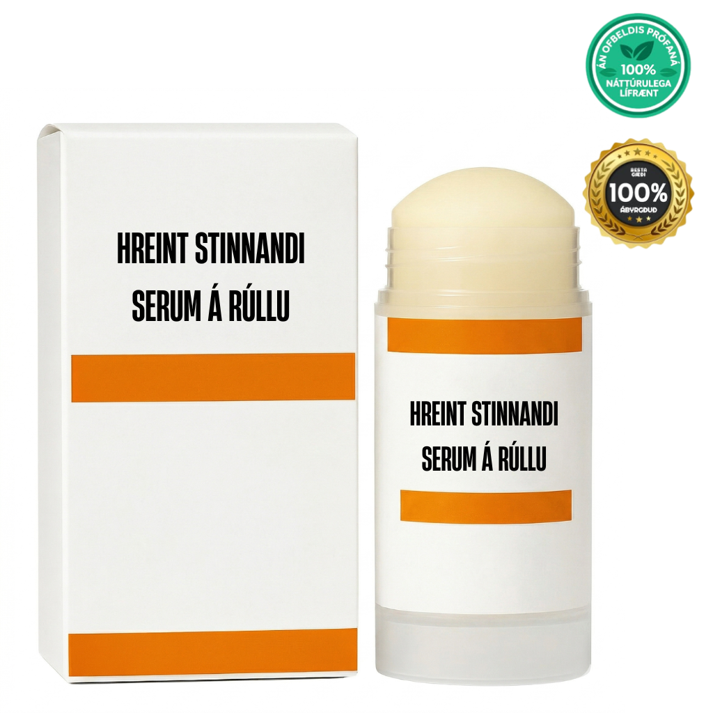Hreint stinnandi serum á rúllu with packaging, designed for smoother and firmer skin.