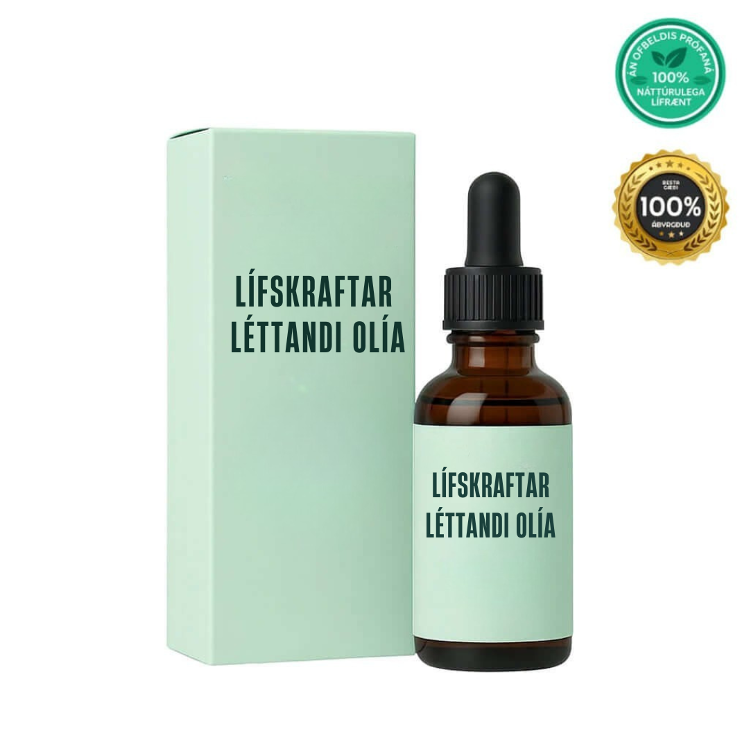 Lífskraftar léttandi olía in a brown glass bottle with packaging, emphasizing natural skincare benefits.