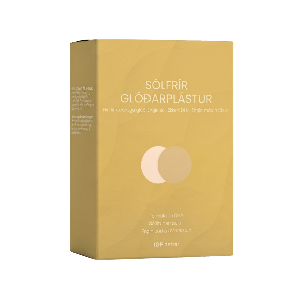 SunFree ljóma plástur package, golden box containing 10 patches for a natural sun-kissed glow.