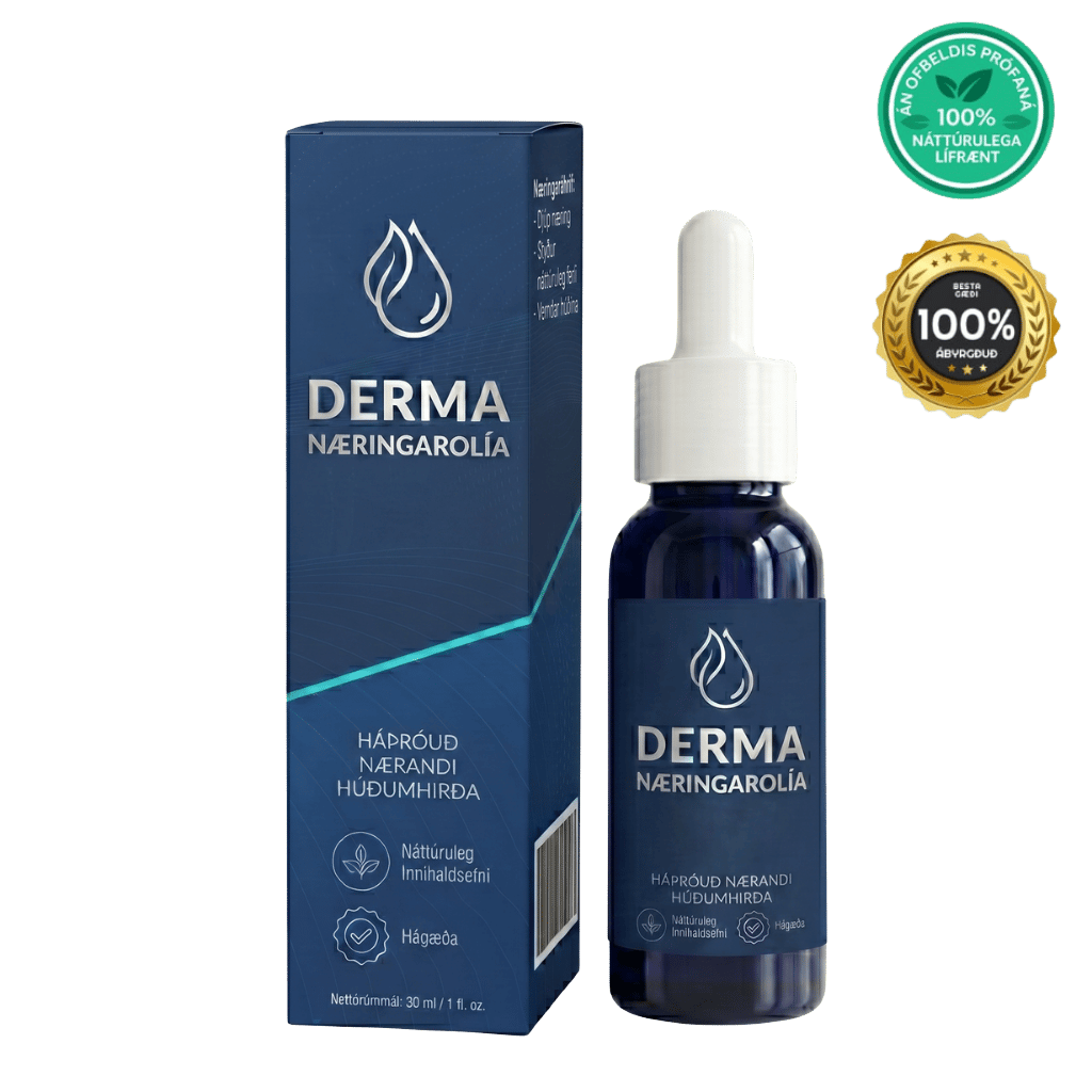 Derma Næringarolía í glasi með pipettu og umbúðum, náttúruleg fegurðarolía fyrir mjúka húð.