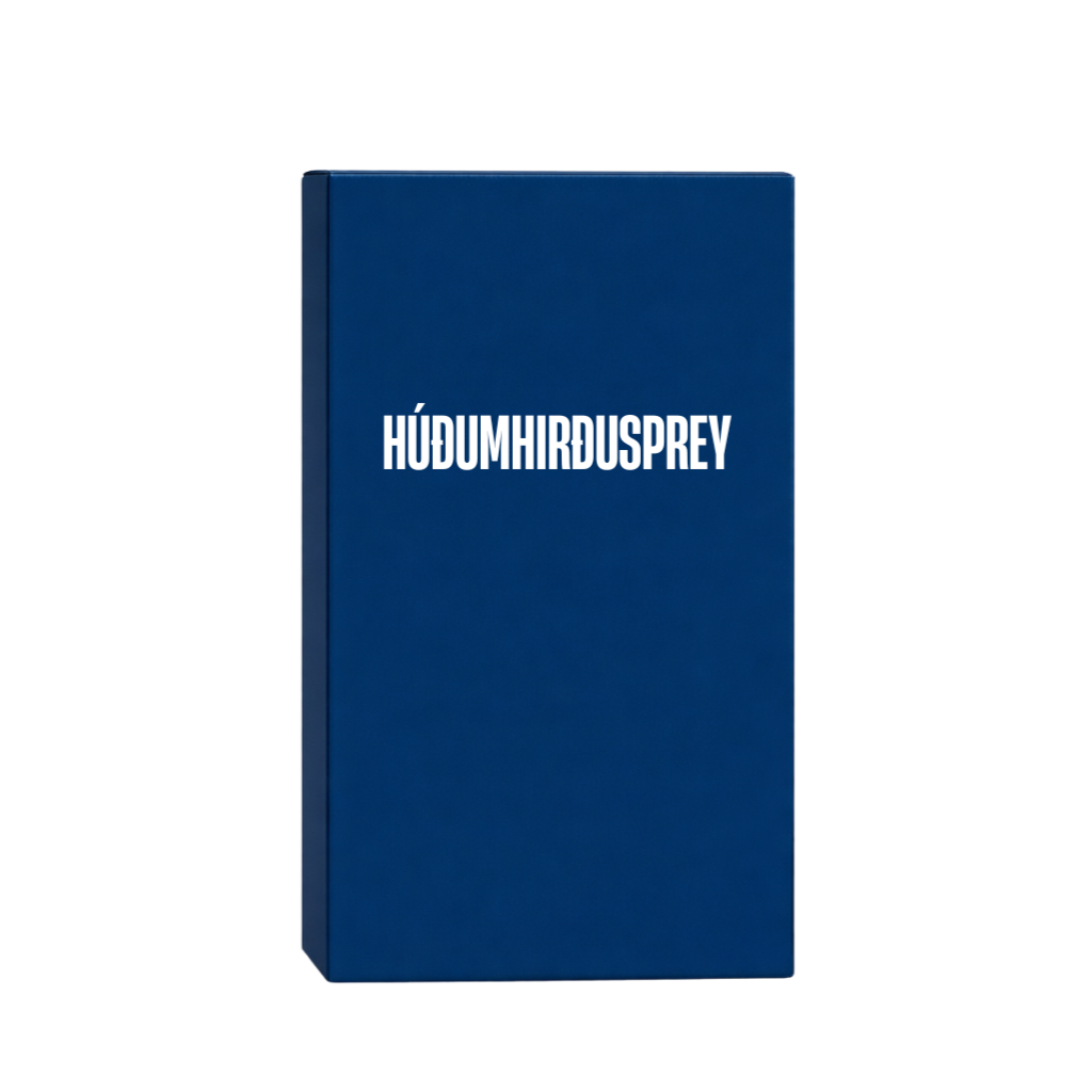 Húðumhirðusprey packaging in navy blue with bold white text displaying the product name.