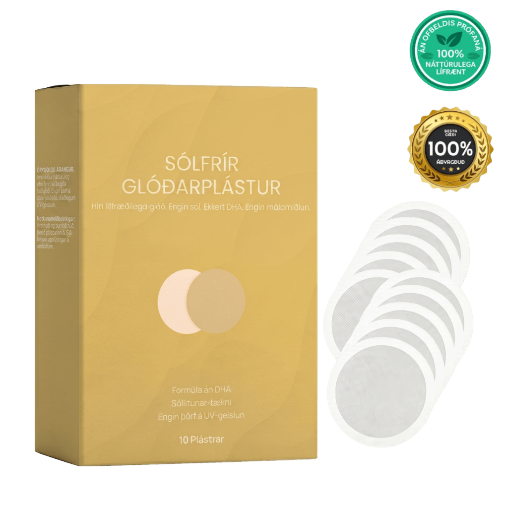 SunFree ljóma plástur packaging with patches, featuring natural glow formula without sun exposure.