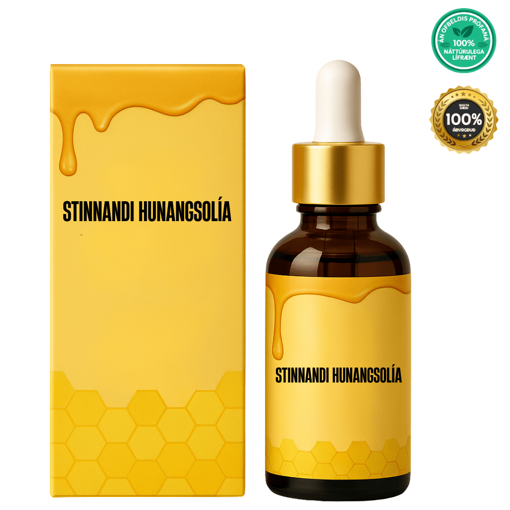 Stinnandi Hunangsolía bottle and packaging with honeycomb design for nourishing skin.