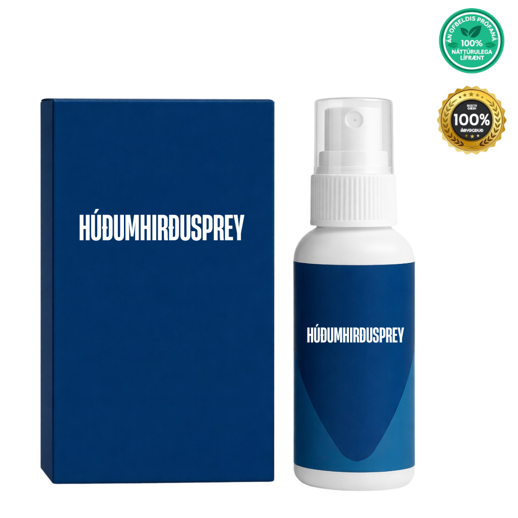 Húðumhirðusprey bottle and packaging showcasing a skincare product designed for daily beauty routines.