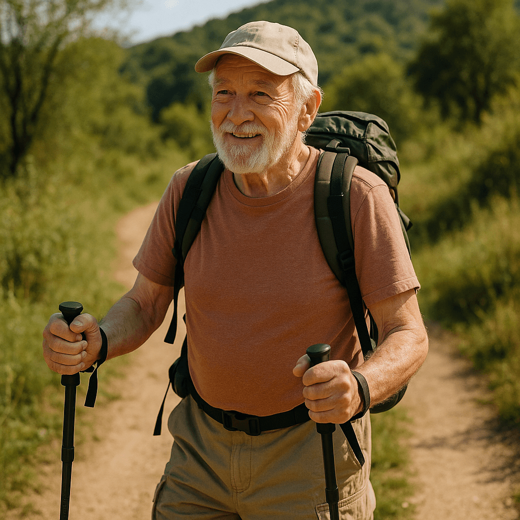 Elderly man hiking with trekking poles in nature, wearing a backpack and enjoying the outdoors.