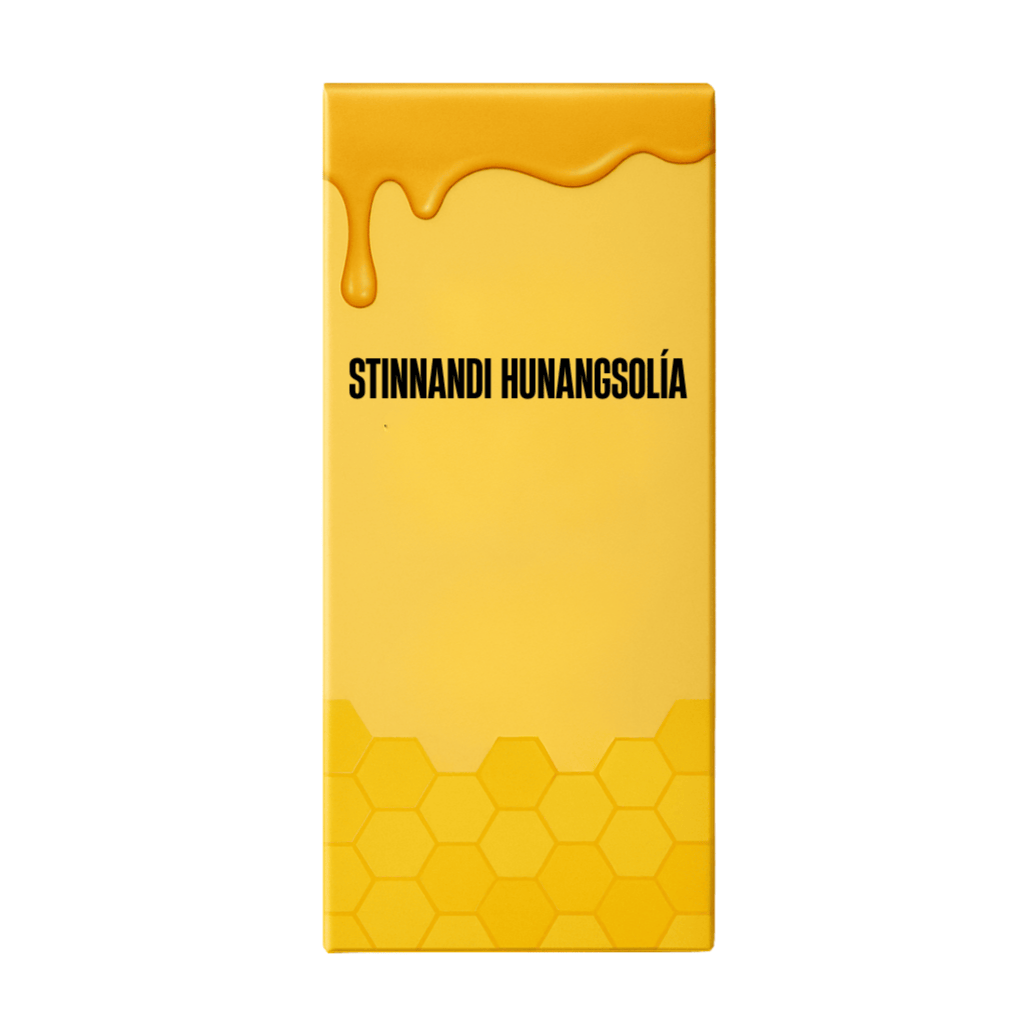 Stinnandi Hunangsolía húðolía umbúð með hunangsdropum í ljósagulu umhvafi.