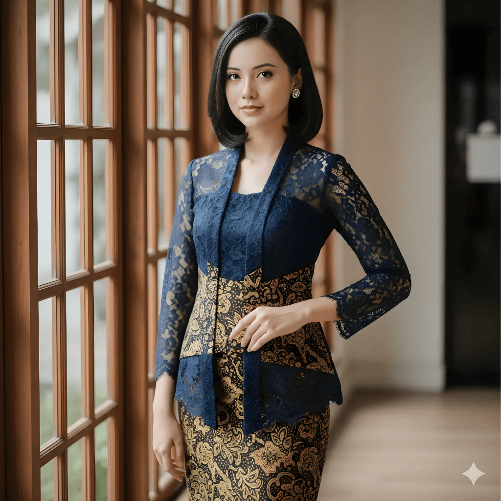 Woman in elegant navy lace outfit standing by window, showcasing traditional style and modern elegance.