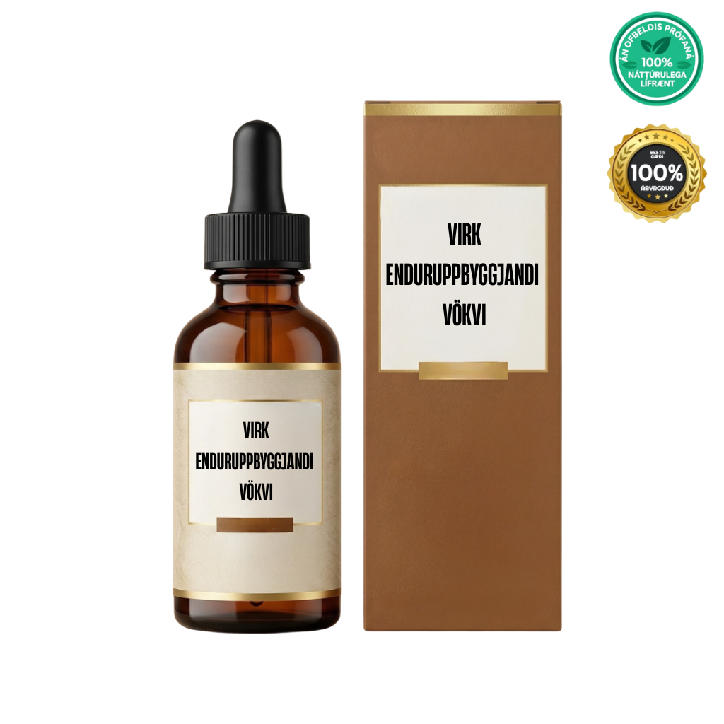 Virk enduruppbyggjandi vökvi in an amber glass bottle with a dropper, packaged in a stylish box.