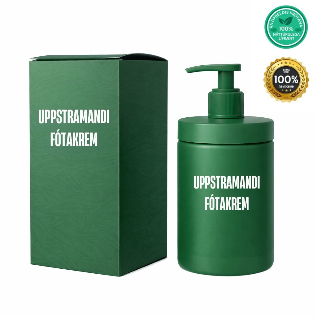 Uppstramandi fótakrem í grænum ílátum með pumpu og pakka, 100% náttúrulegt.