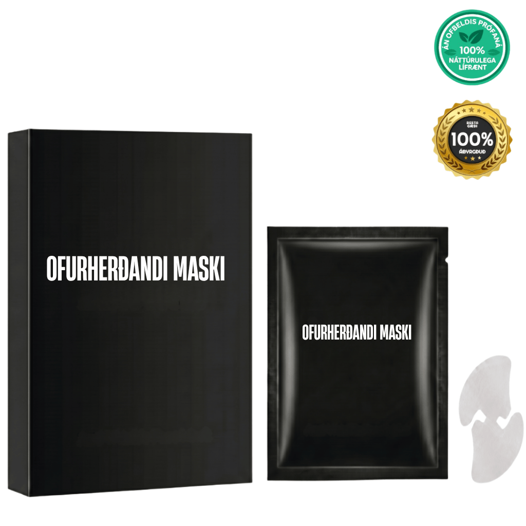 Ofurherðandi maski packaging and product shown in a sleek black design, promoting skin radiance and smoothness.