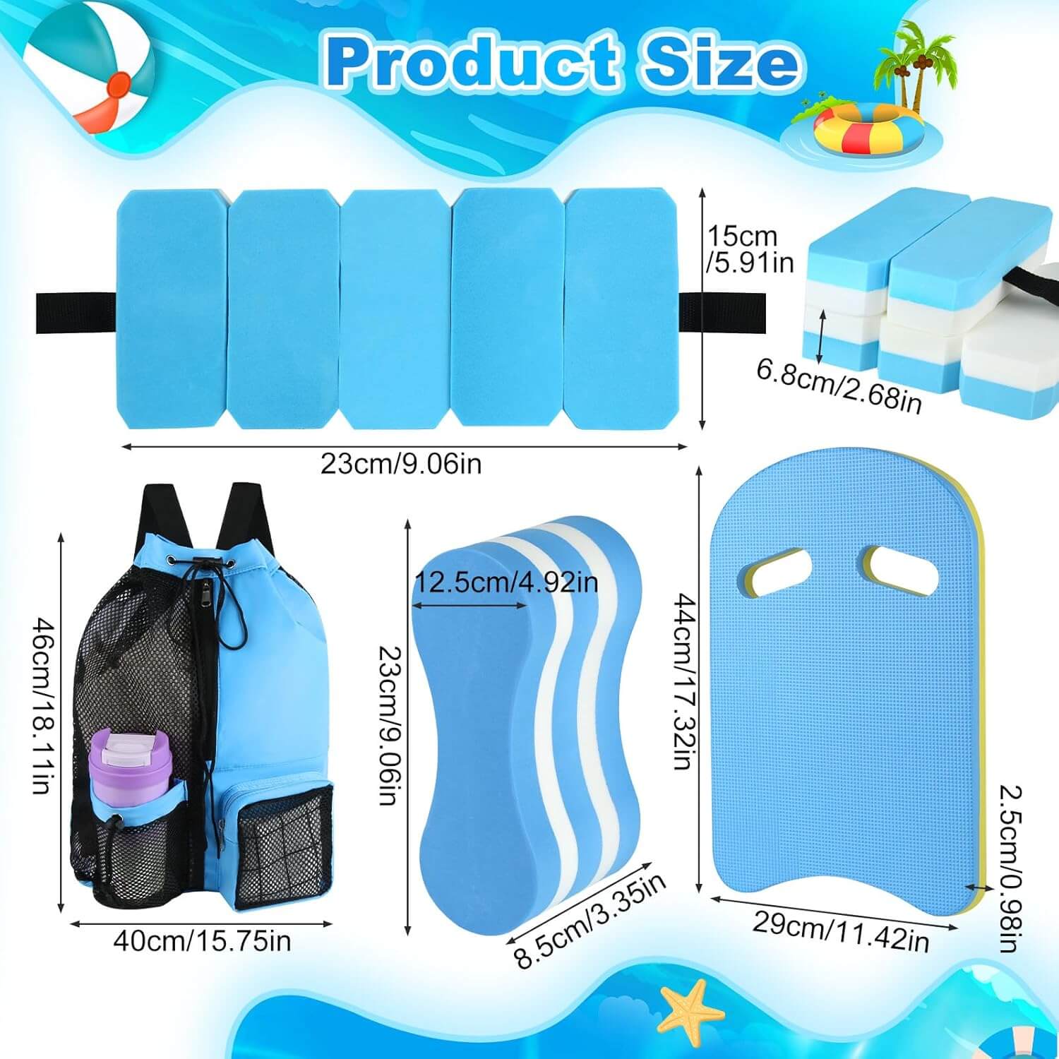 Arcticpure AquaCore Board size illustration showing adjustable resistance training equipment for water workouts.