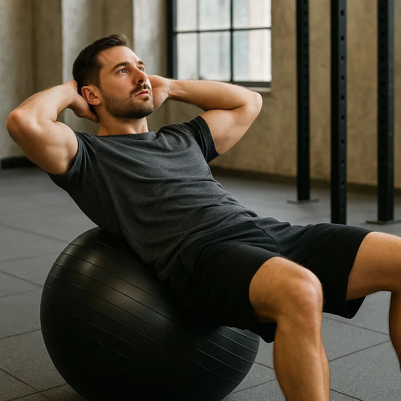 Man exercising on an Arcticpure BalanceBall for core strength and stability in a gym.