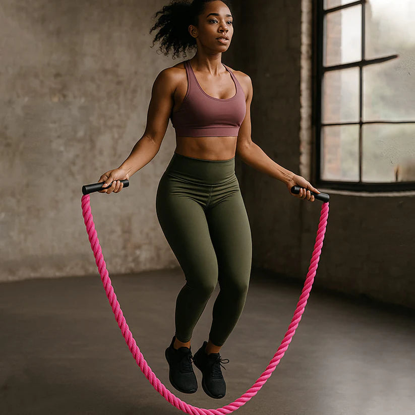 Woman using Arcticpure CardioRope for workout, demonstrating jump rope fitness with a pink rope in a gym setting.