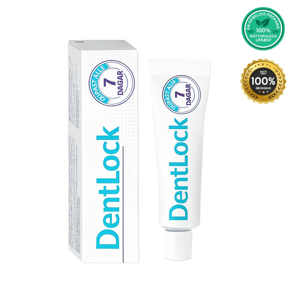 Arcticpure gervitennalím product image showing DentLock tube and box with 100% natural ingredients guarantee.