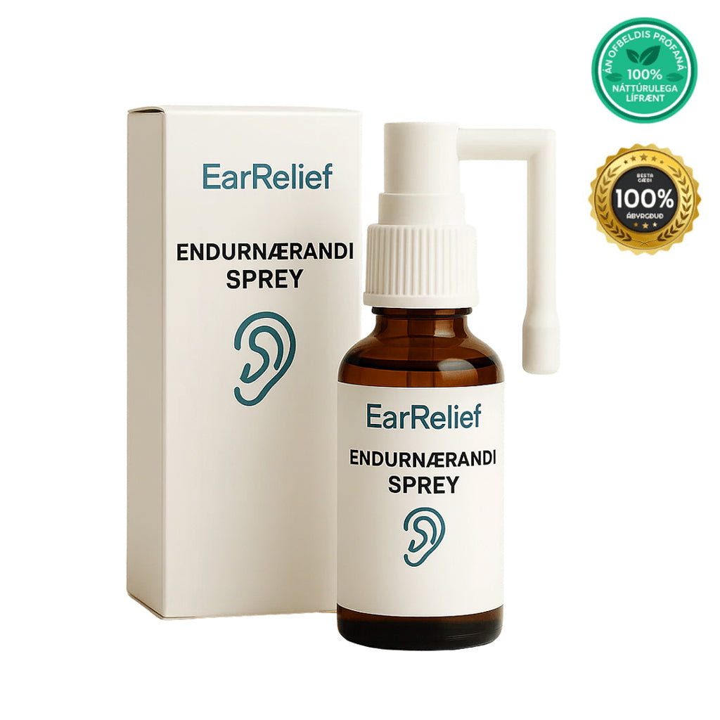 Arcticpure endurnærandi sprey in a bottle with a box, natural ear relief spray for clean and comfortable ears.