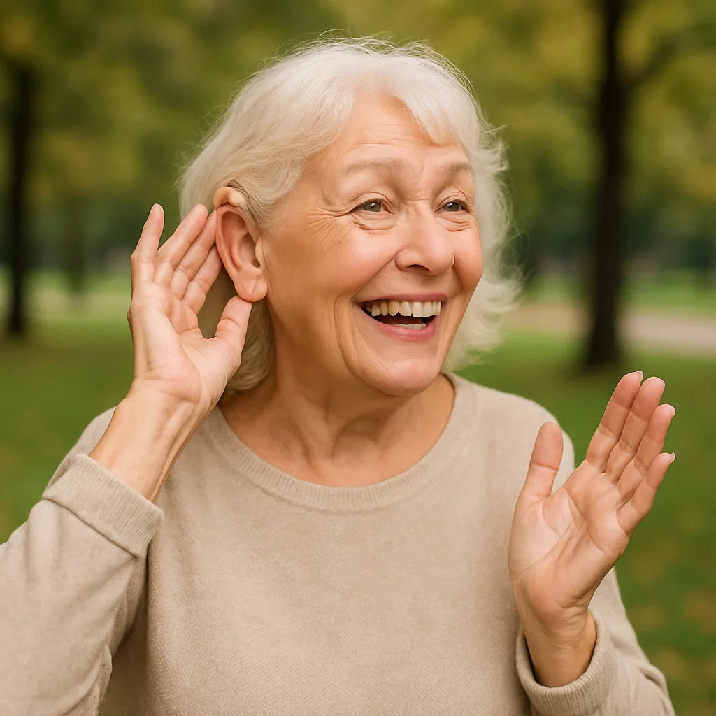 Elderly woman smiling while gently touching her ear outdoors, representing joy and comfort in hearing.