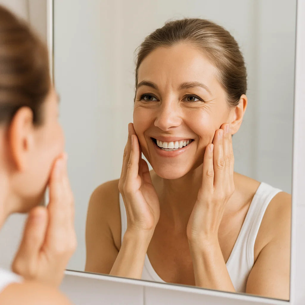 Woman smiling in front of mirror, showcasing healthy skin after using Arcticpure plástur gegn öldrun.