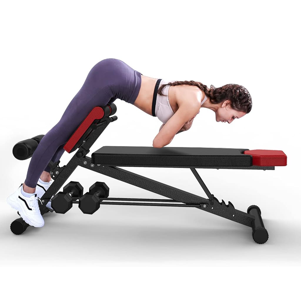 Woman using Arcticpure FlexBench for core exercises with adjustable settings and stability.