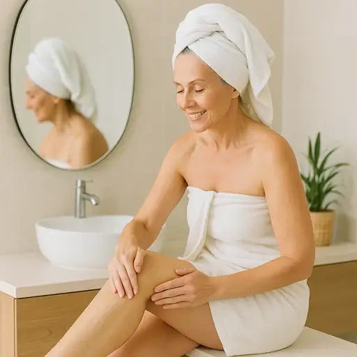 Woman applying Arcticpure huggandi krem after showering, showcasing soft and hydrated skin in a serene bathroom setting.