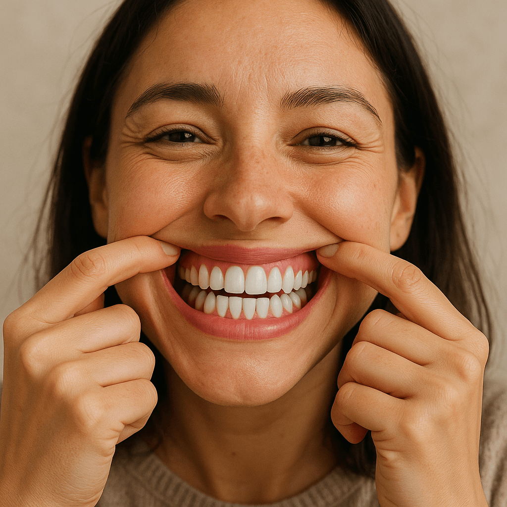 Woman smiling brightly while showcasing her white teeth, demonstrating the effects of Arcticpure hvítandi hlaup.