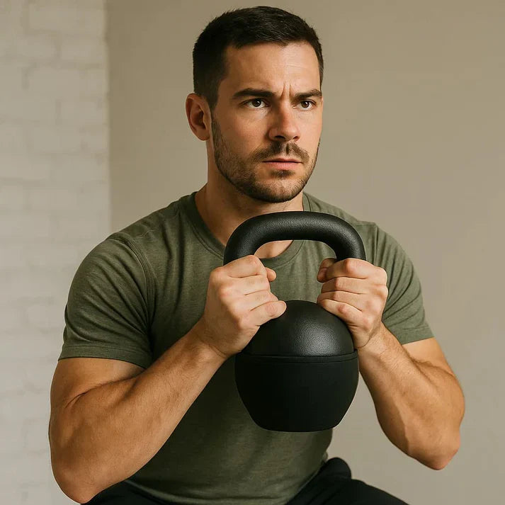 Man performing an exercise with Arcticpure KettleCore kettlebell, focusing on strength and endurance.