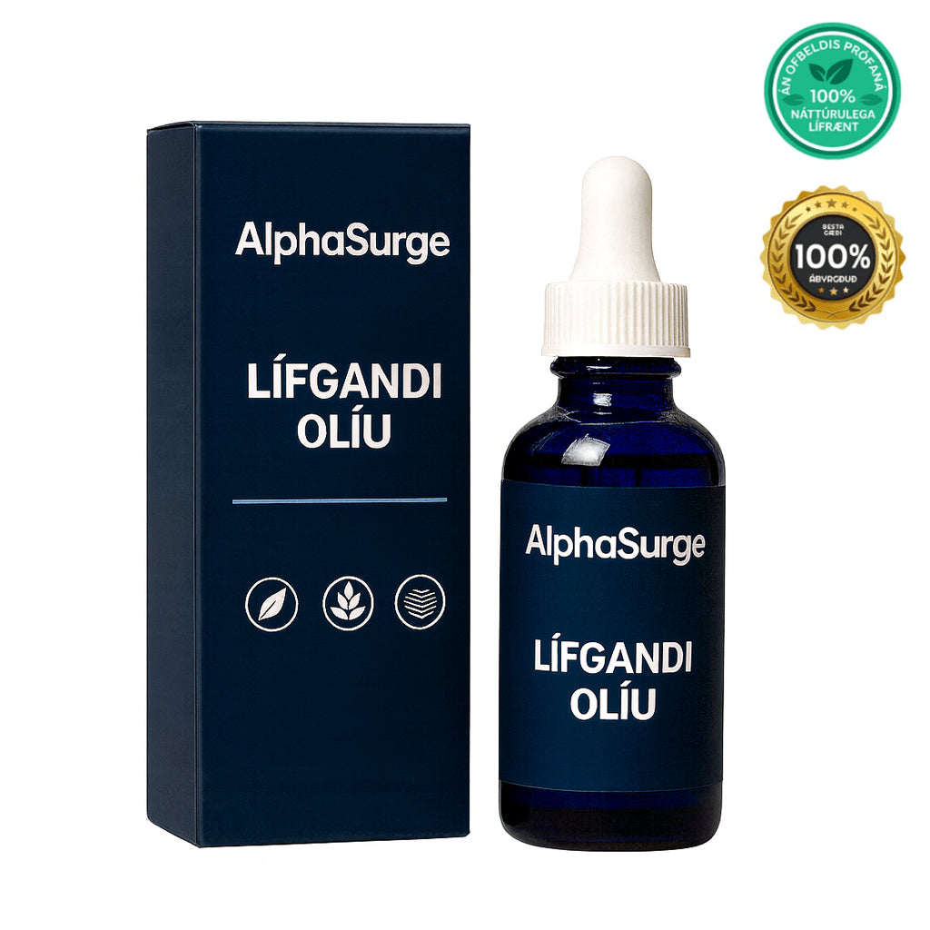 Arcticpure lífgandi olíu in a blue bottle with dropper and packaging, promoting energy and vitality.