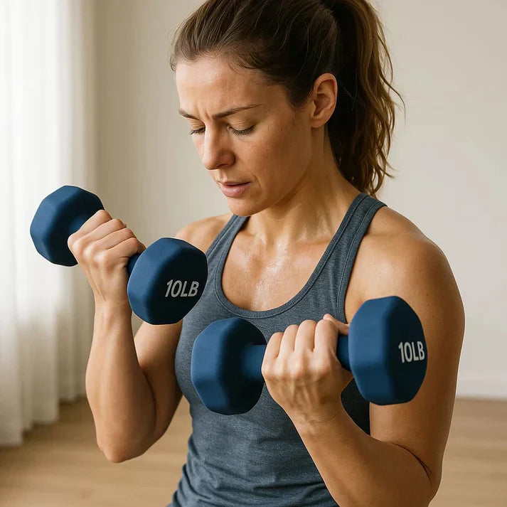 Woman exercising with Arcticpure PowerWeights, a pair of 10-pound dumbbells for strength training.