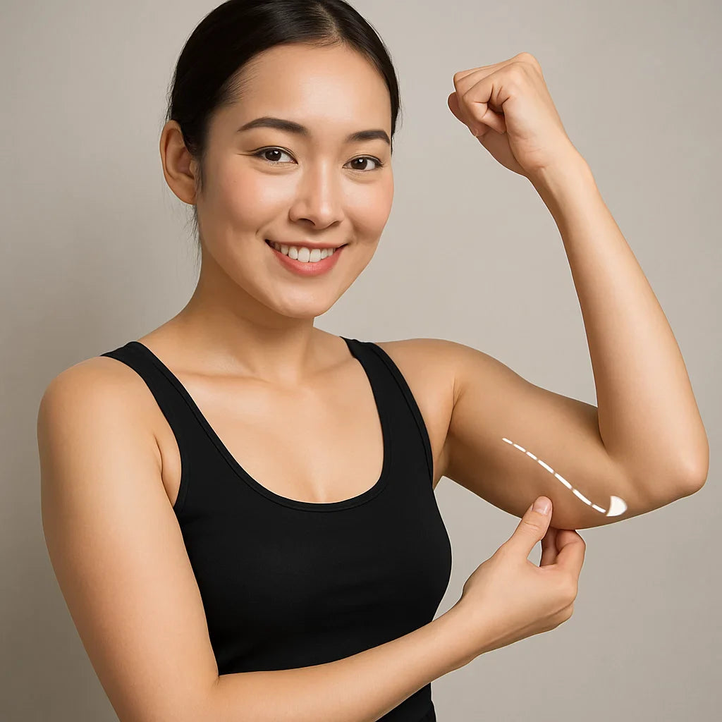 Arcticpure stinnandi krem application on arm by smiling woman, highlighting skin nourishment and smooth texture.