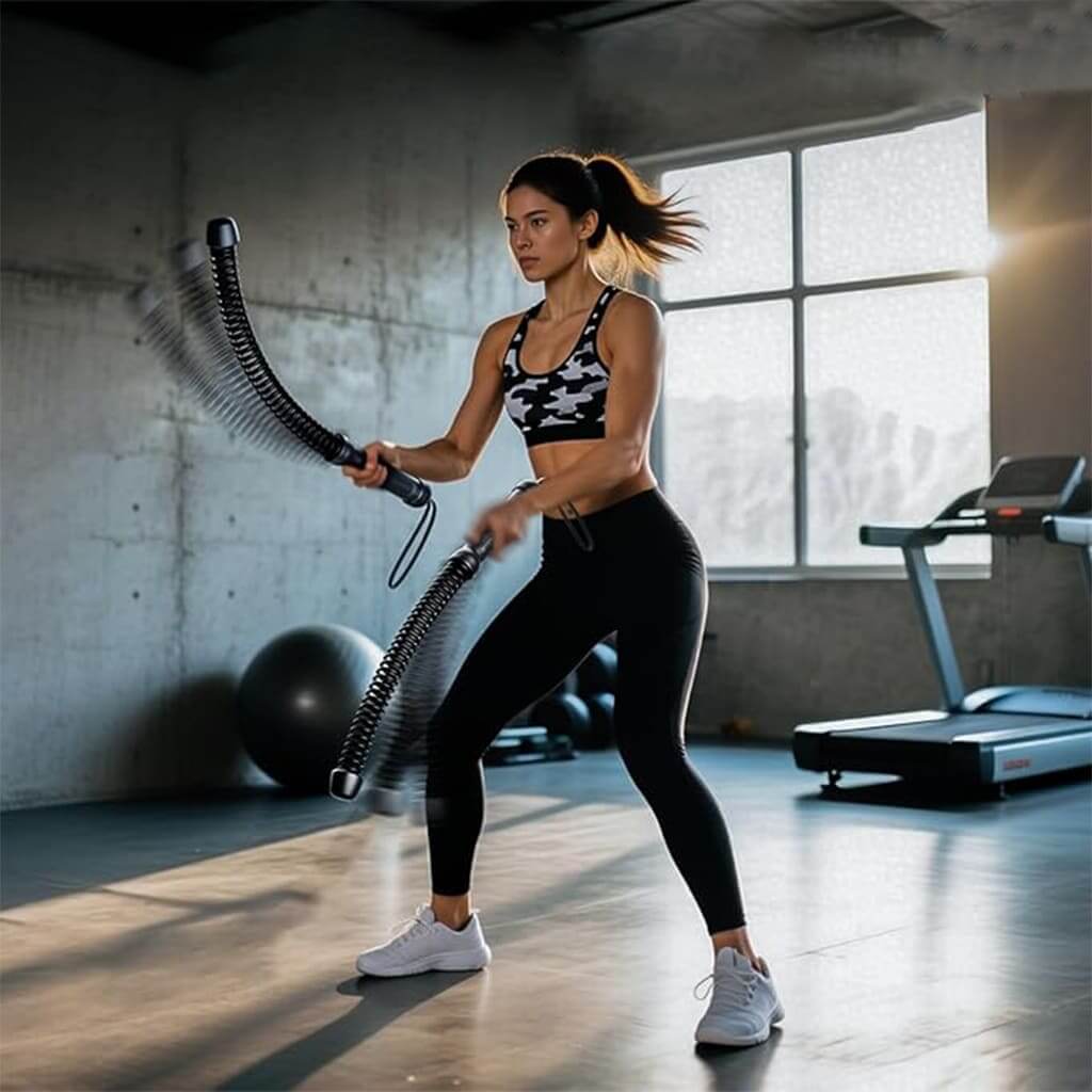A woman using Arcticpure StormFlex battle ropes for workout in a gym, showcasing portable and effective training.