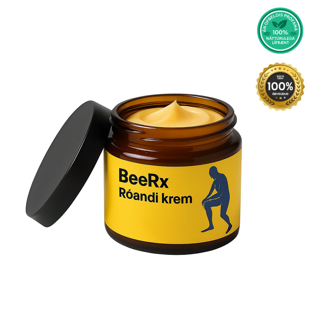 BeeRx Róandi krem in a brown jar, promoting natural comfort and easy movement, labeled with 100% natural ingredients.