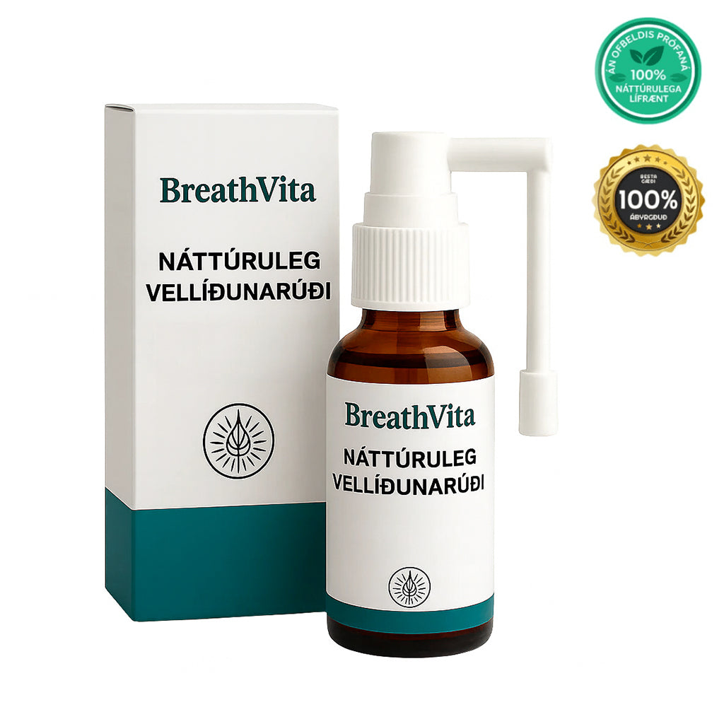 Náttúruleg Vellíðunarúði from BreathVita in a brown glass bottle with packaging.