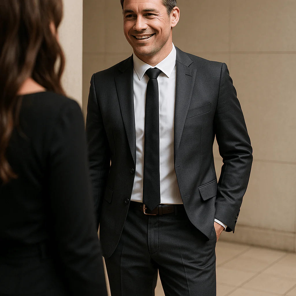 Man in a dark suit and tie smiling while interacting with a woman in a black outfit.