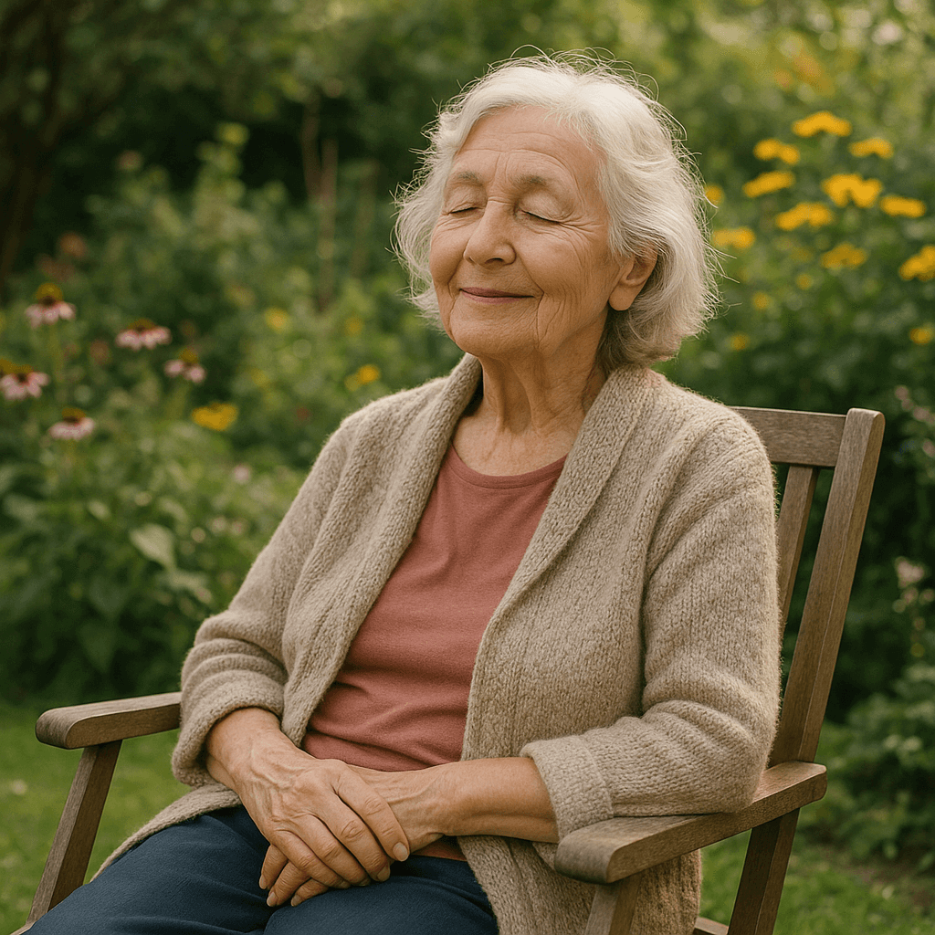 Elderly woman enjoying a moment of peace in a garden, embodying tranquility and mindfulness.