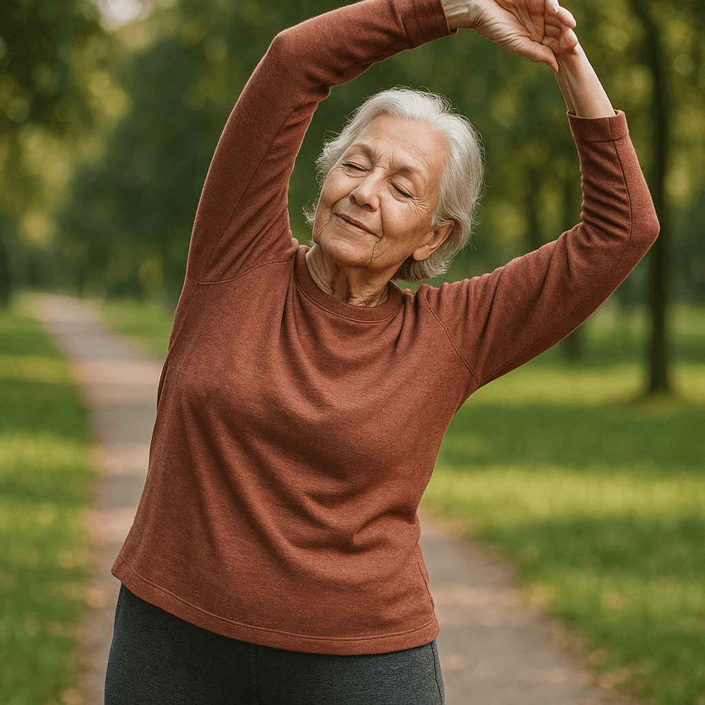 Elderly woman stretching outdoors in nature, enjoying a refreshing moment with Léttir Krem for active skin care.