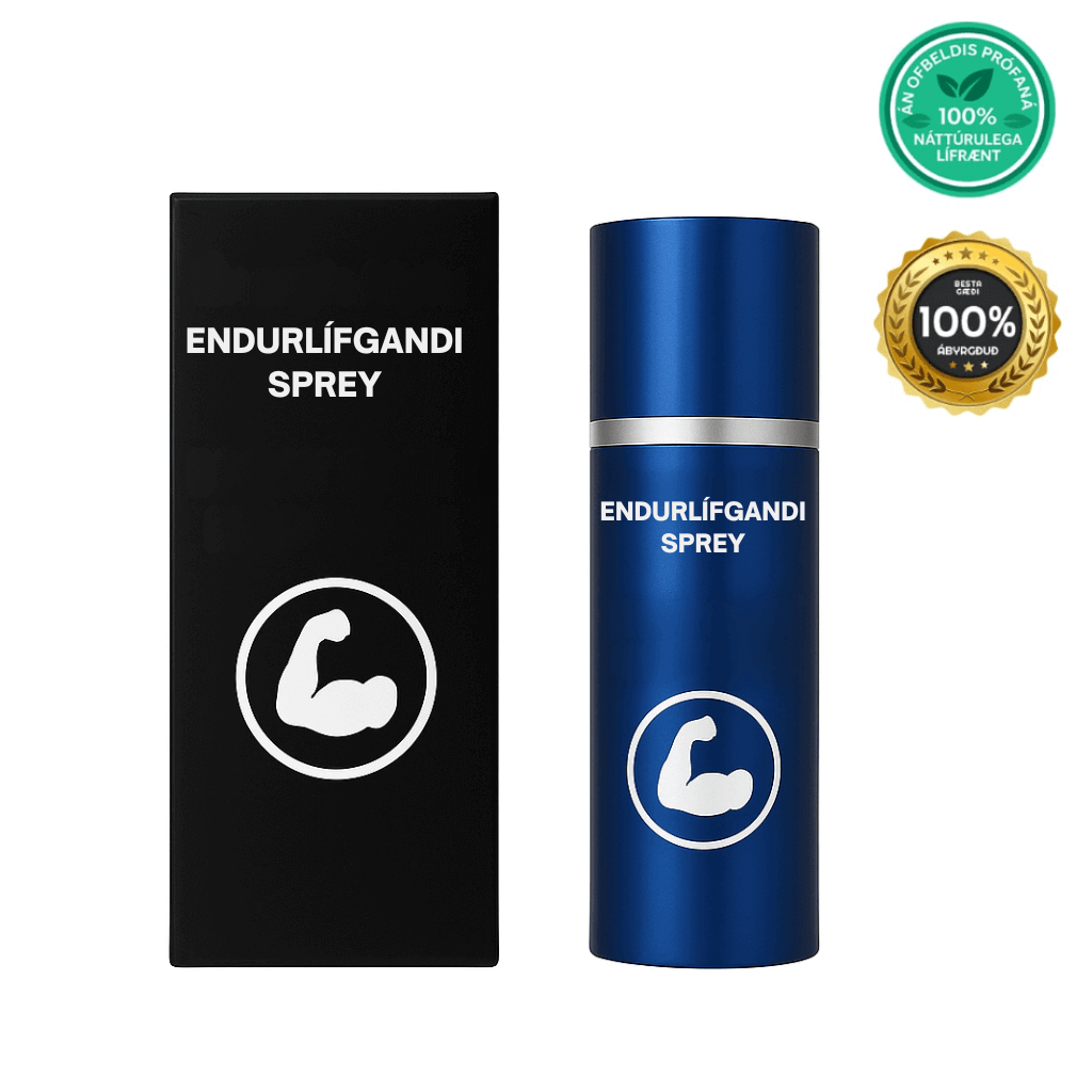 Endurlífgandi sprey packaging and bottle featuring a strong logo and 100% natural certification.