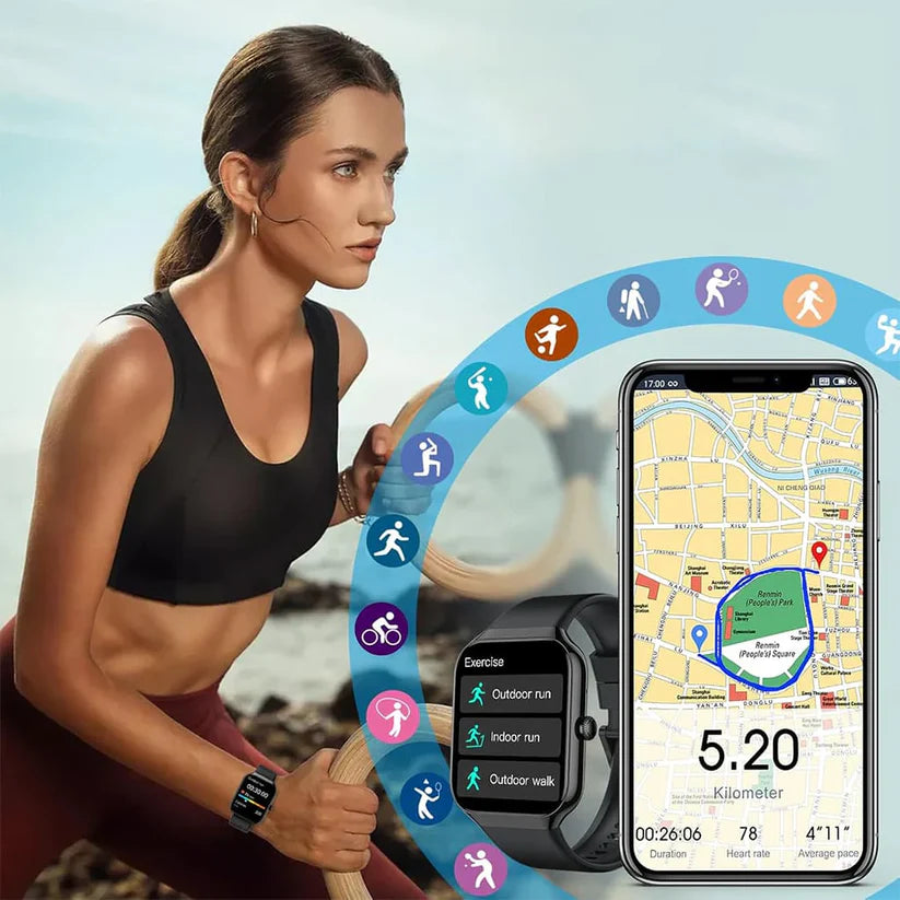 A fit woman using a smartwatch while exercising outdoors, tracking her running progress and distance.