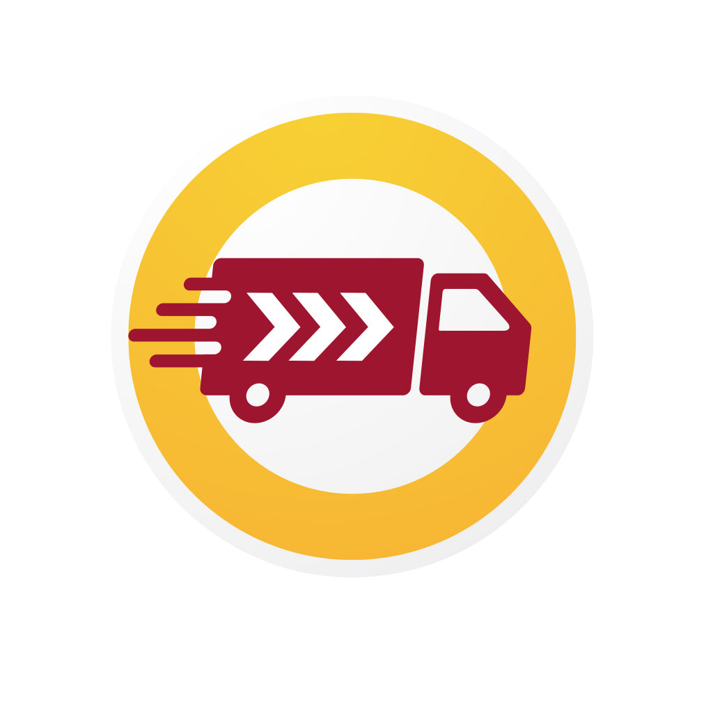 Forgangssending icon depicting a fast delivery truck with motion lines and a yellow circle background.