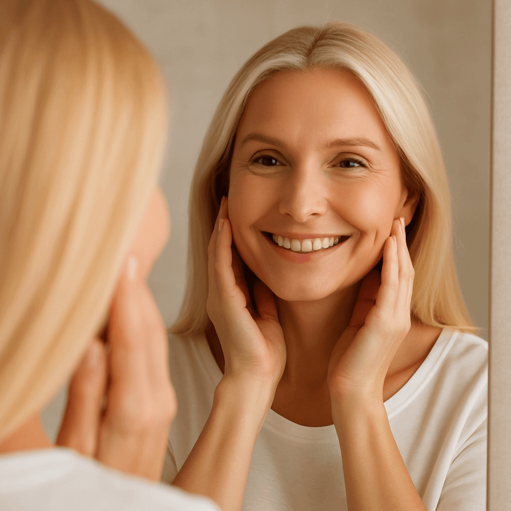 Woman smiling while applying Gallalaus rjómi, showcasing healthy and youthful skin in a mirror.