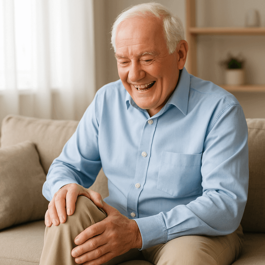 Elderly man smiling while sitting on a couch, holding his knee in a relaxed manner.