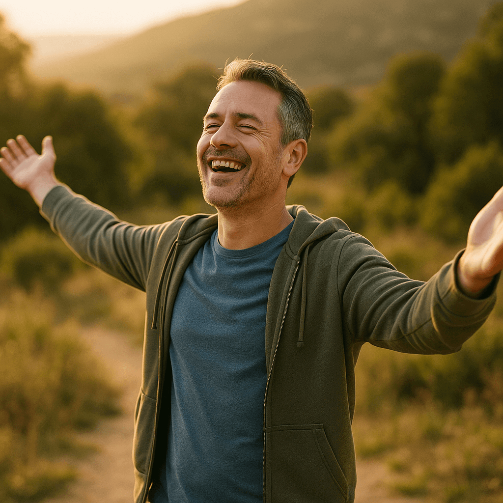 Happy man enjoying nature with outstretched arms during sunset in a lush landscape.