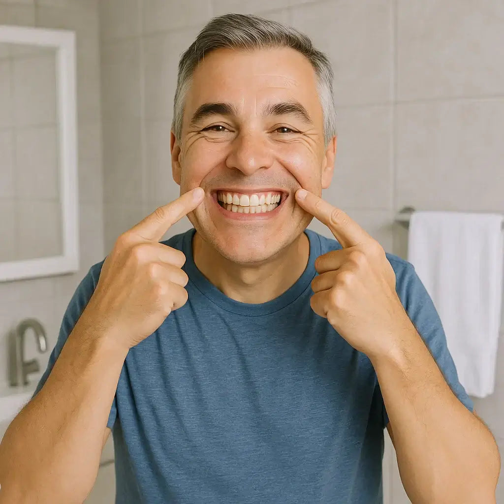 Happy man demonstrating oral health with bright smile, showcasing benefits of Arcticpure huggandi olía for gum care.