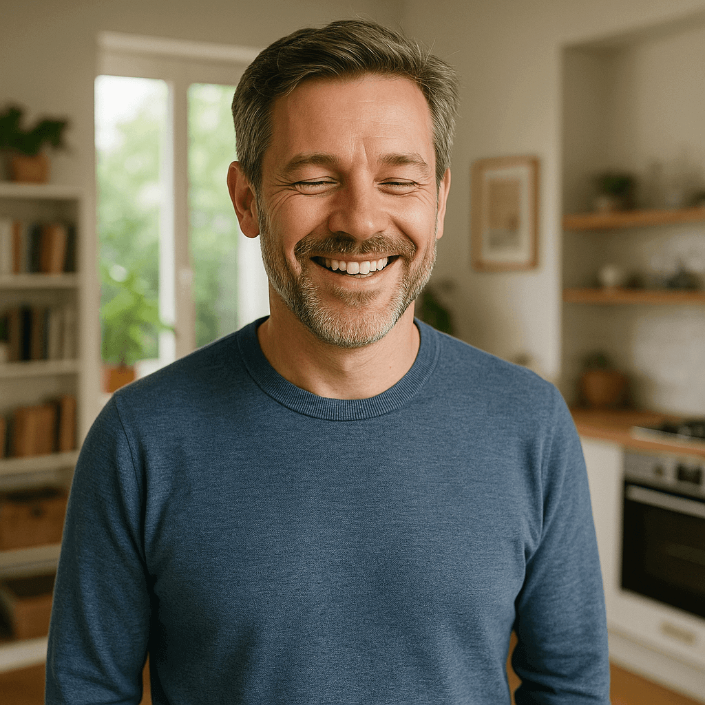 Smiling man in cozy living space, embodying vitality and warmth.