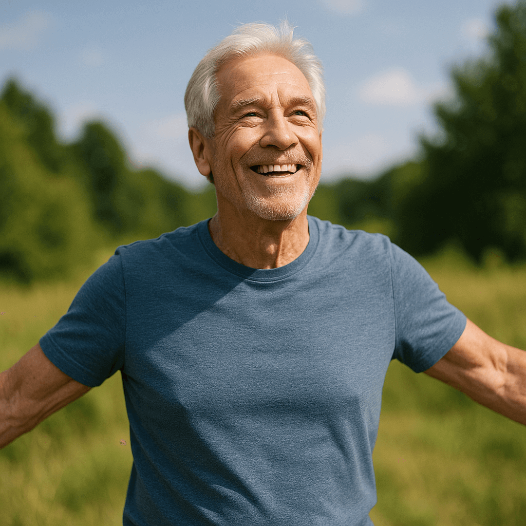Happy older man smiling outdoors in a green field enjoying nature.
