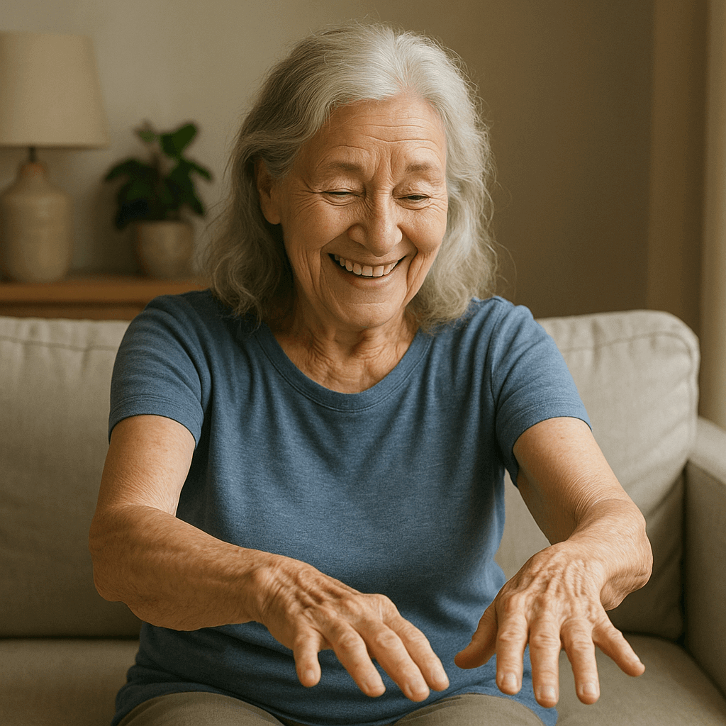 Elderly woman smiling and enjoying a relaxing moment while sitting on a sofa, hands gently reaching forward.