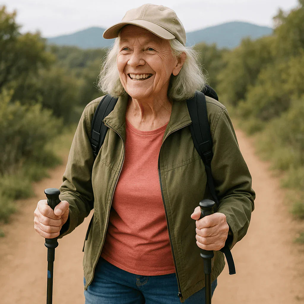 Elderly woman hiking on a trail, smiling and holding walking sticks, enjoying nature.