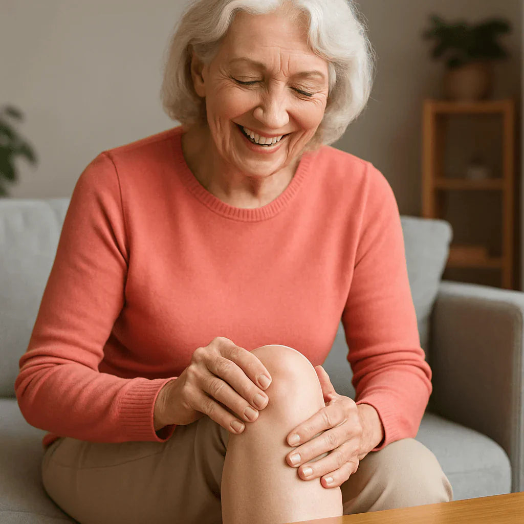 Happy elderly woman applying Arcticpure Léttisgel to soothe her knee after hair removal.