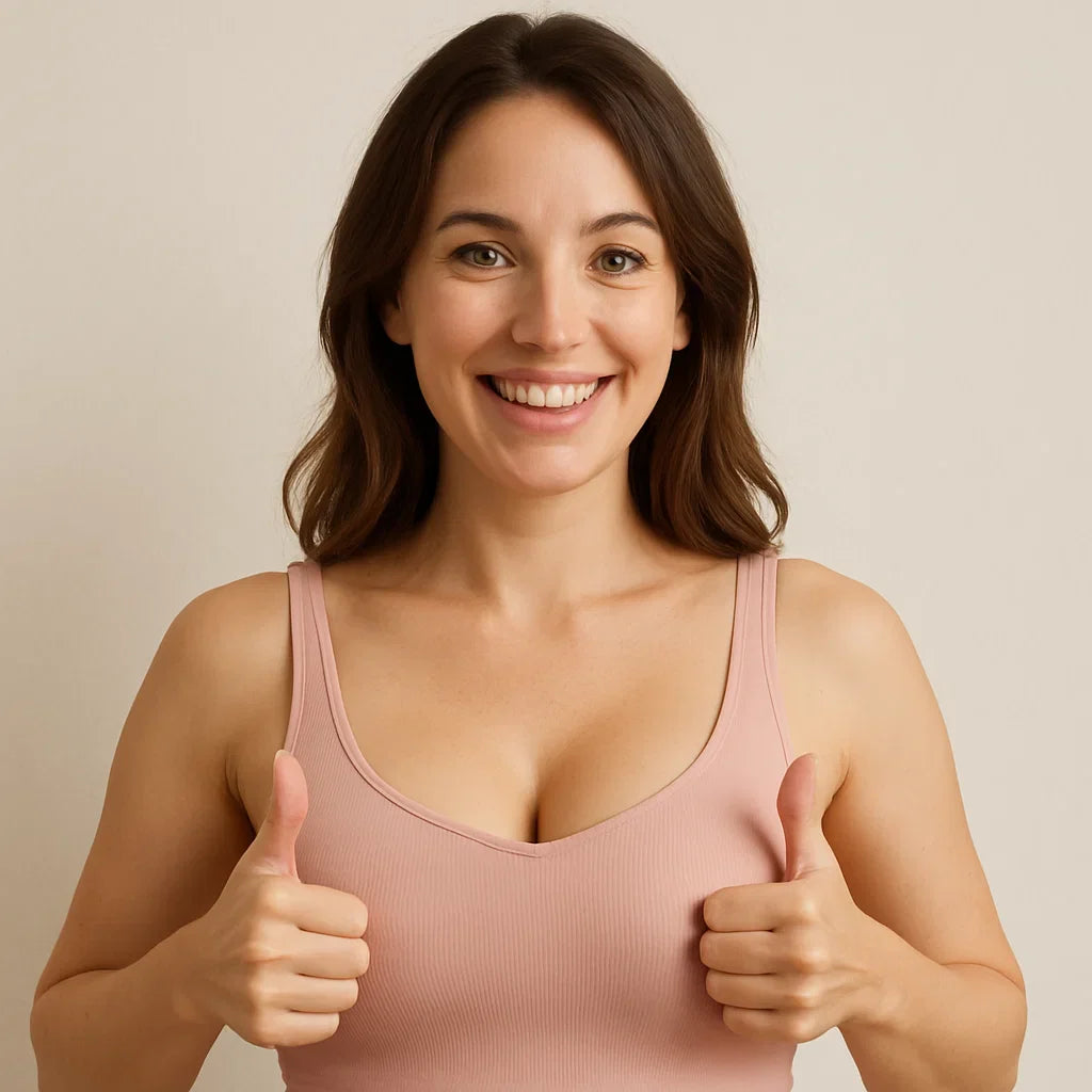Woman giving thumbs up while wearing a pink top, promoting Arcticpure stinnandi plástur for skin firmness.